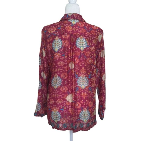 Cienna Womens Top Button-Up Silk Long Sleeve Red Floral Boho Size M - Picture 3 of 8